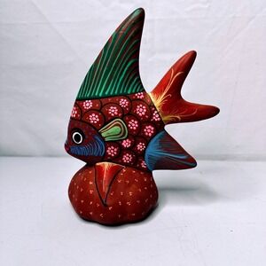 Hand Painted Ceramic Fish Figurine Folk Art Decor Red Blue Green Floral